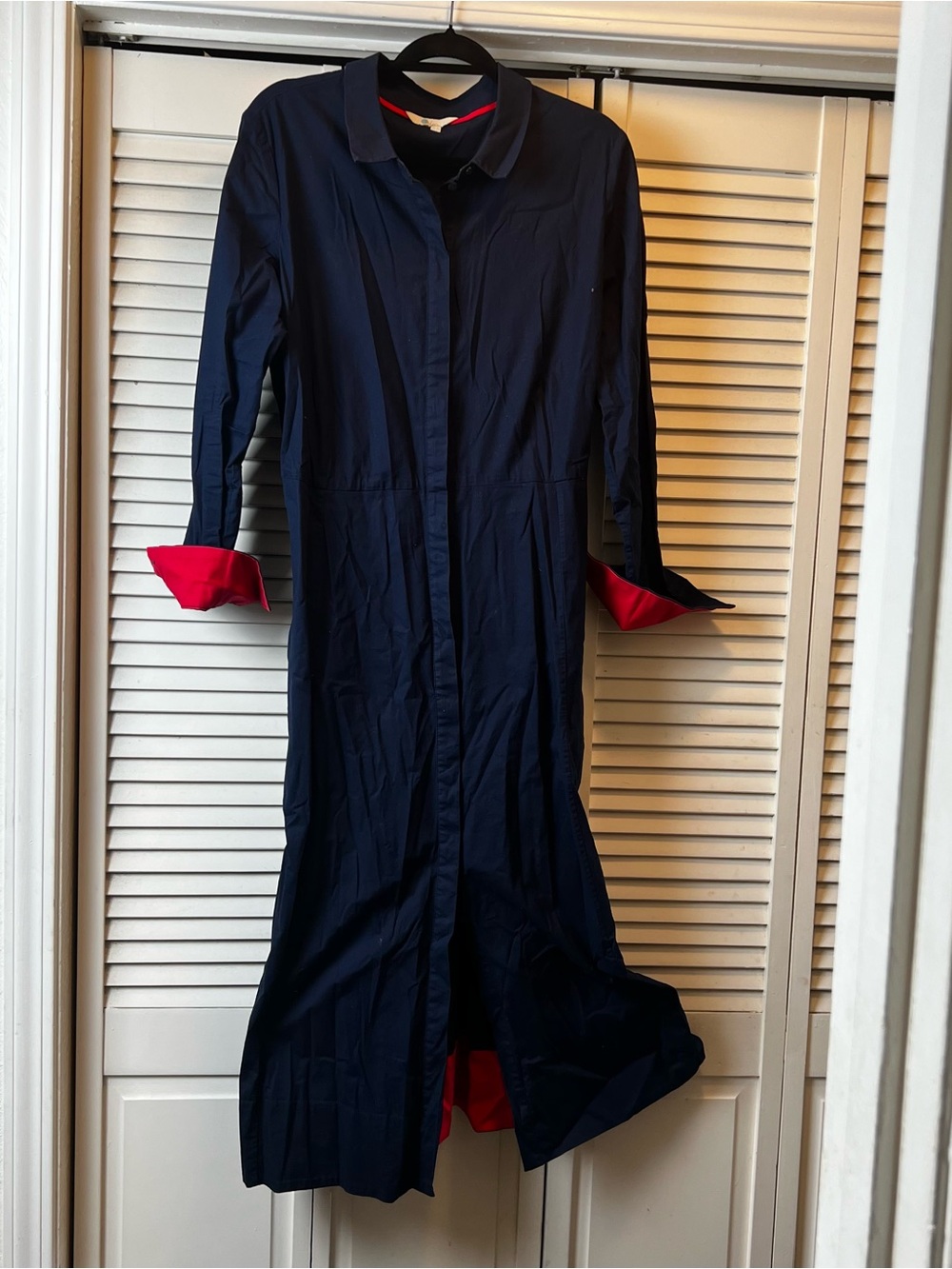 Boden Navy Long Shirt Jacket with Red Lining